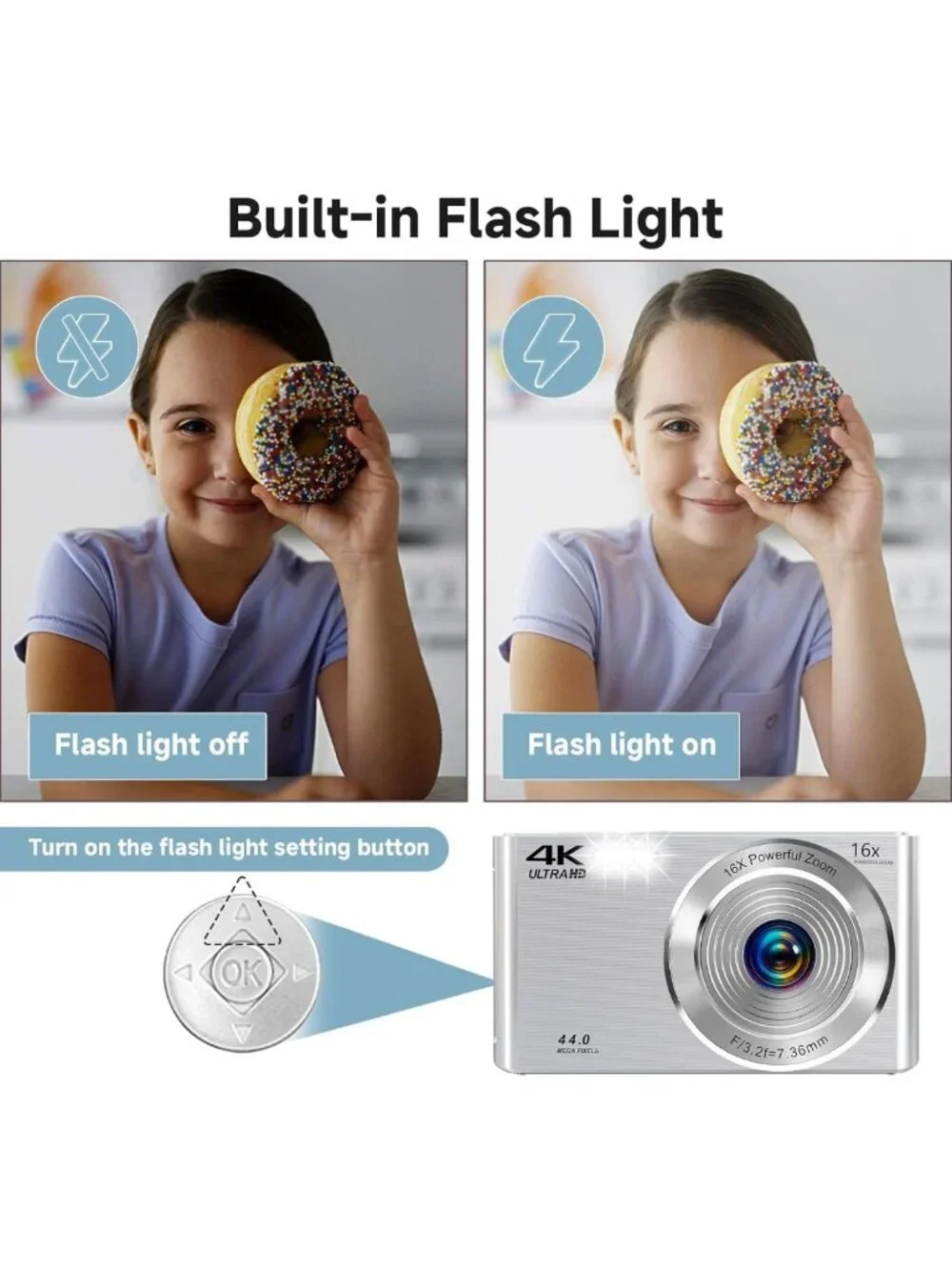 4K Autofocus Digital Camera for Kids & Teens, 16X Zoom, Compact, Gift Ready